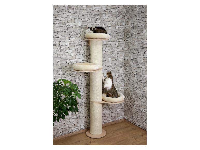 Twee katten op een beige krabpaal met meerdere niveaus in een kamerhoek.