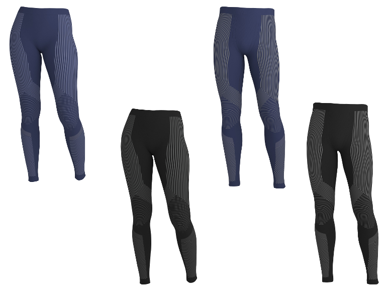 CRIVIT functionele broeken voor dames en heren in blauw en zwart met strepen.