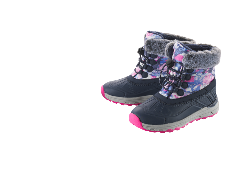 Kindersnowboots met blauw-roze bloemenprint en fuchsia zool.