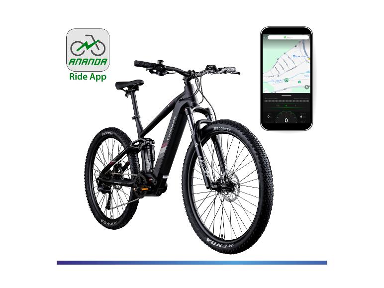 Elektrische mountainbike met een smartphone die een navigatie- en ritgegevensapp toont.