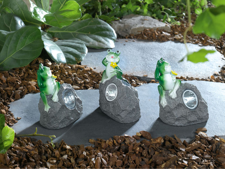 Drie solar lampen met kikkers, geschikt voor de tuin.
