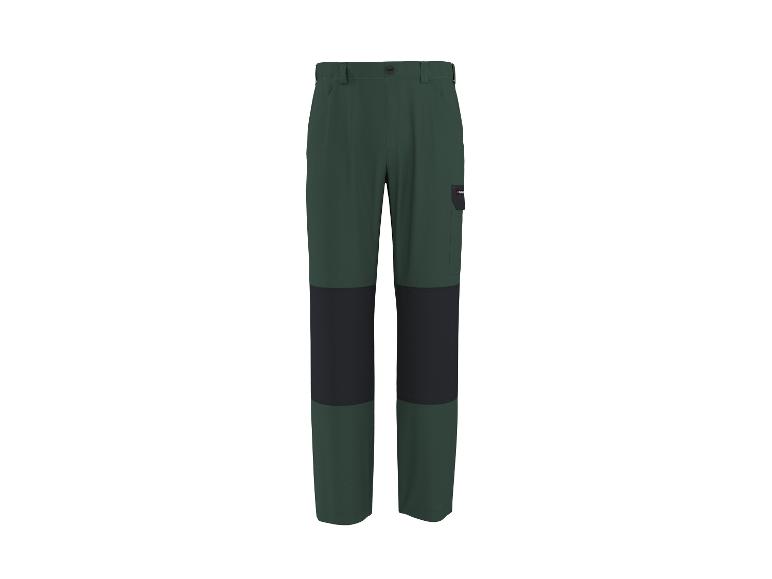 Groene en zwarte werkbroek met verstevigde knieën en zijzak.