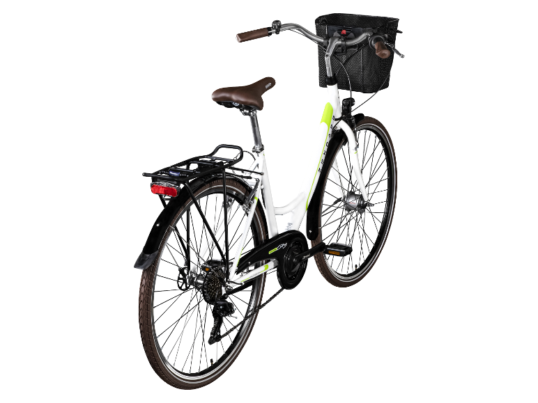 Een witte Zündapp City fiets met mand en bagagedrager.