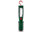 Een groene en grijze werklamp met een rode haak en een rode aan-uitknop.