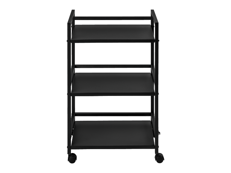 Een zwarte, drielaagse kar met wielen.