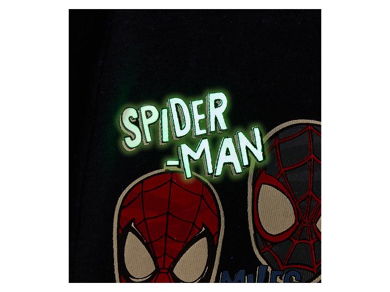 Zwart T-shirt met lichtgevende groene 'SPIDER-MAN' tekst en twee Spider-Man maskers.