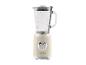 Crèmekleurige retro blender met glazen kan en chromen bedieningsknop.
