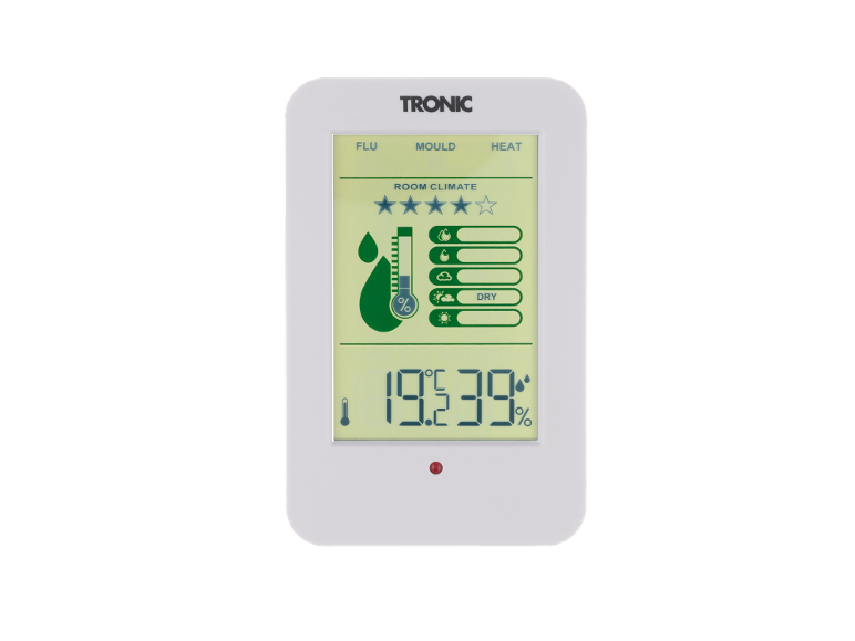 Witte digitale thermometer en hygrometer met LCD-scherm dat temperatuur en vochtigheid toont.