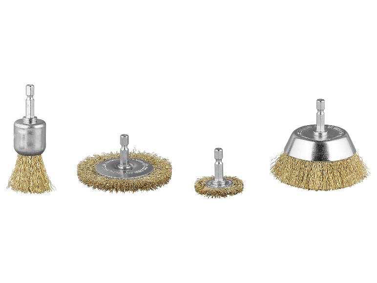 Vier verschillende soorten draadborstels met zeskantige schachten.