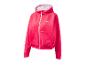 Roze hoodie met volledige rits, wit logo op de borst en een wit gevoerde capuchon.