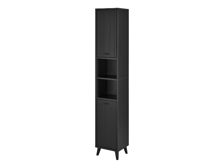 Zwarte hoge kast met geribbelde deuren en open planken.