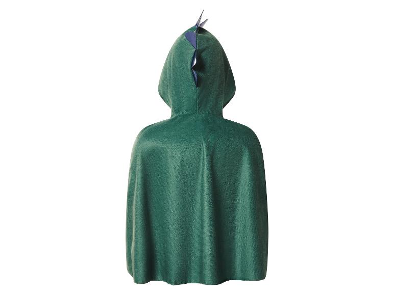 Groene cape met capuchon en blauwe schubben, achteraanzicht