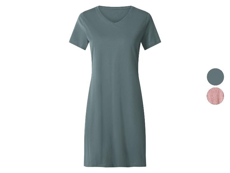 Damesjurk met korte mouwen en V-hals in blauwgroen, met roze en blauwgroene kleurstalen.