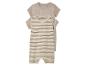 Babyset: gestreept rompertje en effen T-shirt, neutrale kleuren.