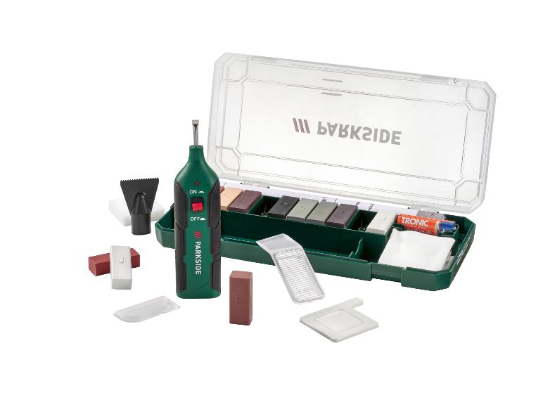 PARKSIDE vloerreparatieset met smeltgereedschap, wasstiften en accessoires in een koffer.