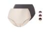 Twee hoog getailleerde damesonderbroeken in beige en donkergrijs, met kleurenpalet.