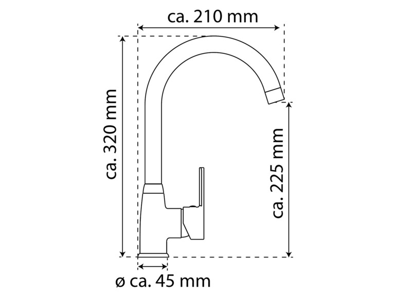 Schematische tekening van een keukenkraan met afmetingen.