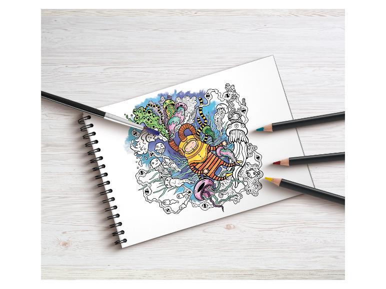 Een kleurboek met een astronaut en kleurpotloden.