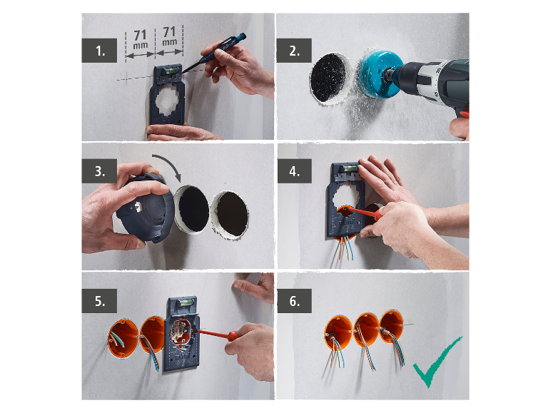 Installatie van drie stopcontacten met WOLFCRAFT gereedschap.