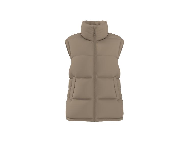 Mouwloos, gewatteerd vest in een beige kleur met een hoge kraag en ritssluiting.
