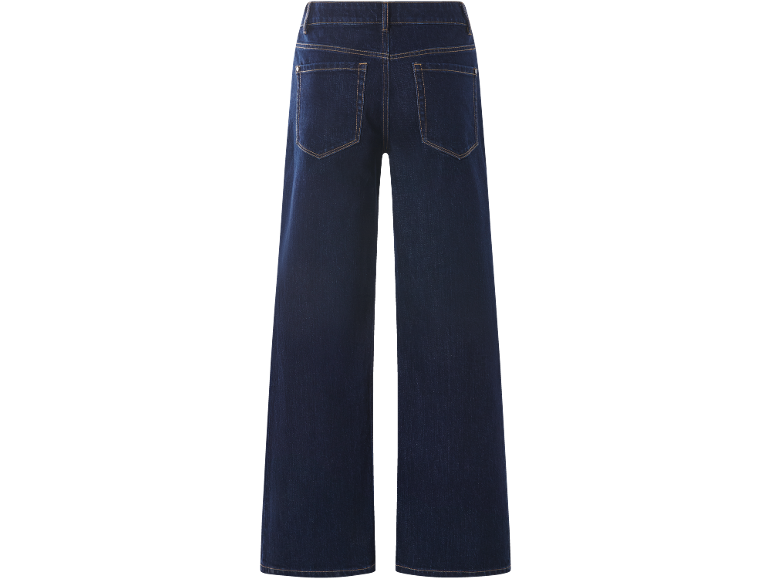 Donkerblauwe wide-leg jeans met achterzakken en zichtbare stiksels.
