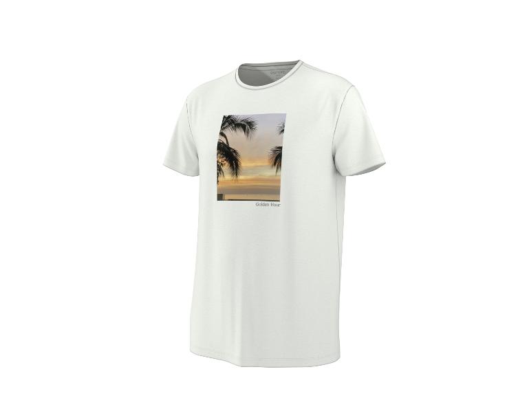 Wit heren T-shirt met 'Golden Hour' print van palmbomen bij zonsondergang.