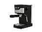 Zwart-zilveren espressomachine met knoppen en bedieningsknop.