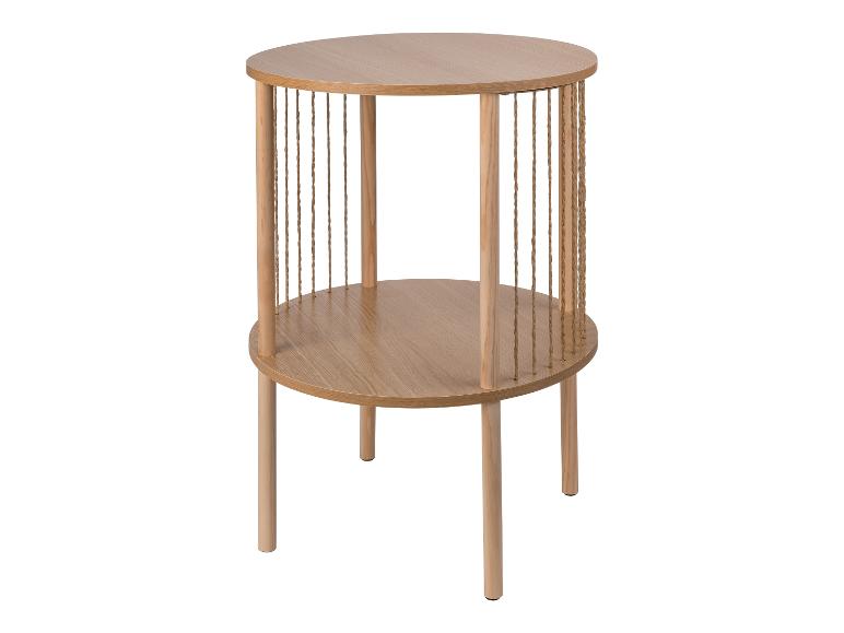 Houten ronde bijzettafel met twee planken en touwdetails.