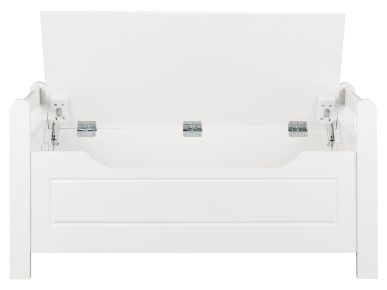 Wit houten opbergbankje met scharnierend deksel.