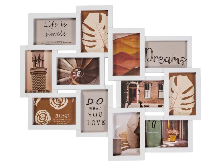 Witte multi-fotolijst met inspirerende citaten en natuurafbeeldingen, waaronder 'Life is simple' en 'Dreams'.