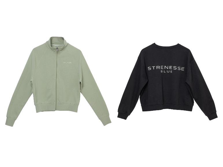 Twee casual sweatshirts: een lichtgroen vest met rits en een zwart T-shirt met ronde hals met de tekst 'STRENESSE BLUE'.