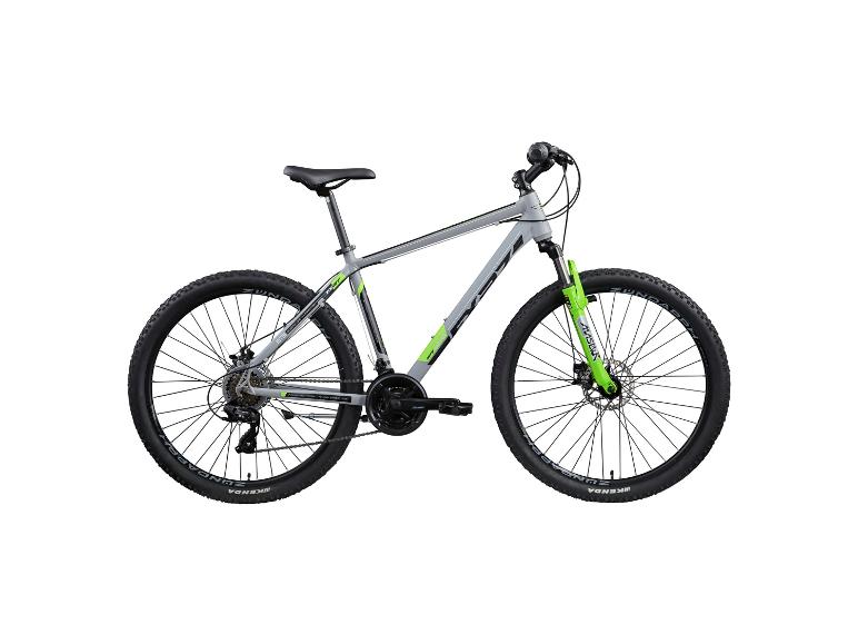 Grijze mountainbike met groene accenten en vering