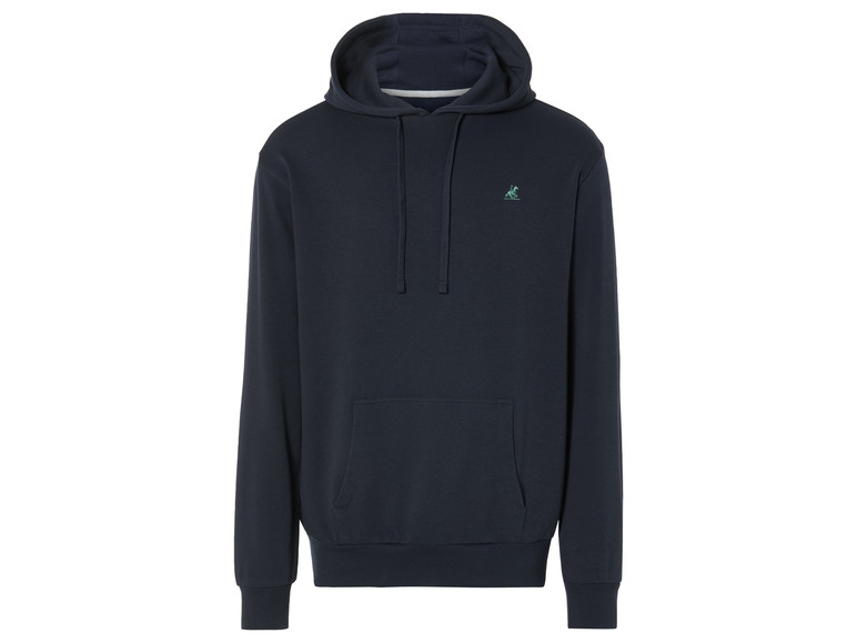 Een donkerblauwe hoodie met een klein Kangoeroe logo.