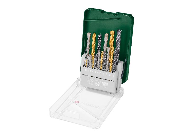 Set metalen en houten boorbits in een groene koffer.