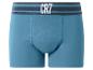 Blauwe herenboxershort met gestreepte tailleband en witte tekst.