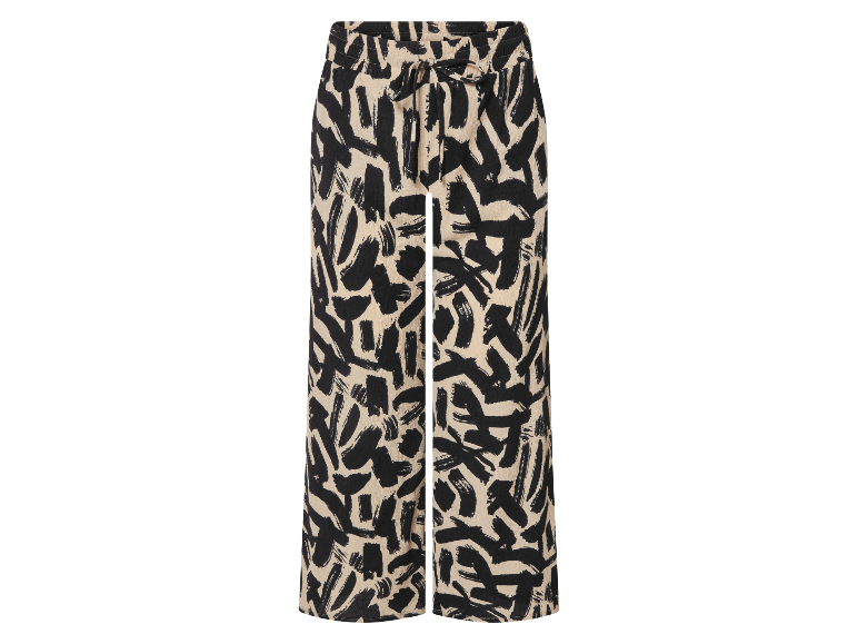 Wijde broek met abstracte print in beige en zwart.