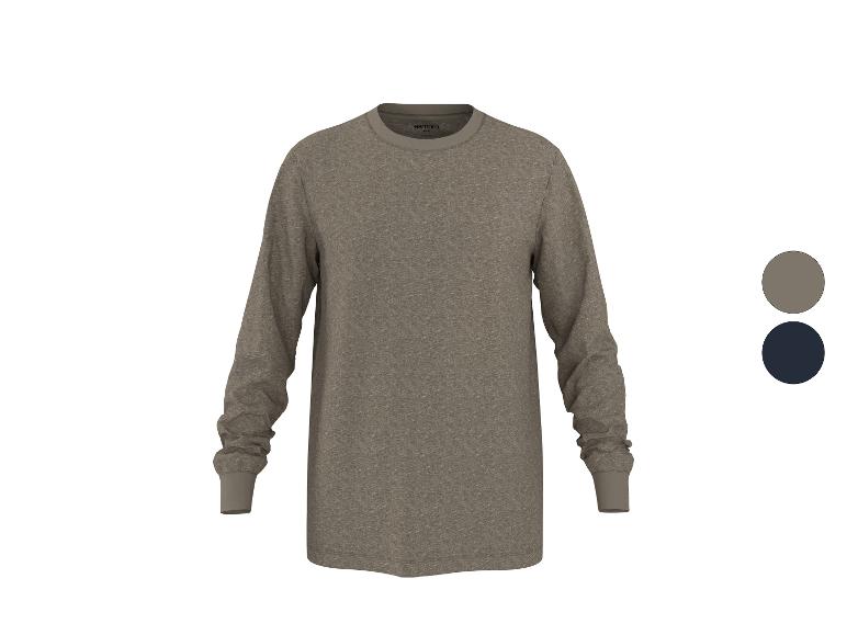 Heren T-shirt met lange mouwen in gemêleerd grijs, met kleurkeuzes grijs en marineblauw.