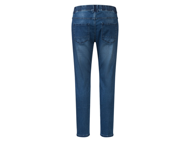 Een paar blauwe jeans met elastische tailleband.