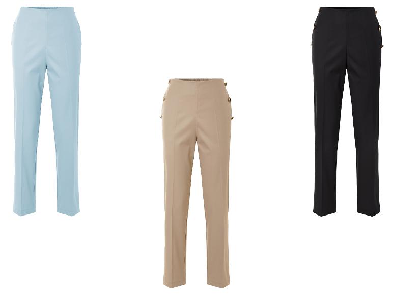 Drie paar damesbroeken met hoge taille in lichtblauw, beige en zwart.