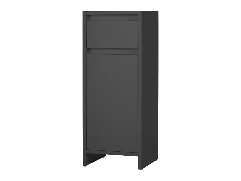 Een donkergrijze, smalle opbergkast met twee compartimenten.
