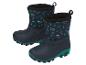 Kindersneeuwlaarzen met donkerblauw en groen patroon en de tekst 'WINTER holiday'.