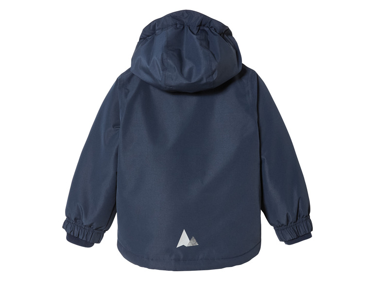Een donkerblauwe regenjas met capuchon voor kinderen.
