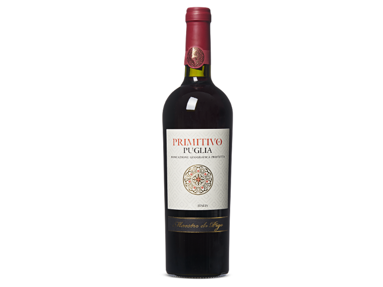 Een fles Primitivo Puglia rode wijn.