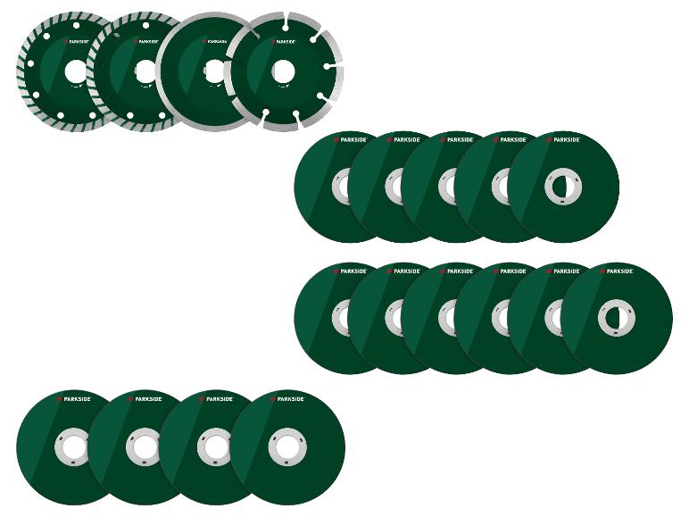Een set Parkside snijschijven, inclusief diamant- en slijpschijven.