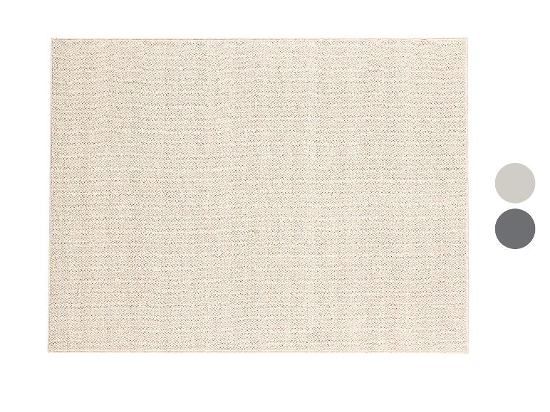 Beige rechthoekig getextureerd tapijt, met lichtgrijze en donkergrijze kleurstalen.