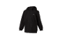 Een zwart, lichtgewicht jack met capuchon voor kinderen.