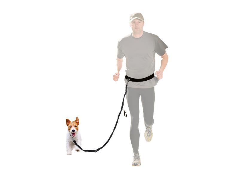 Man rent met zijn hond, gebruikmakend van een riem en een uitrekbare hondenriem.
