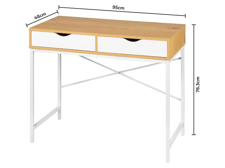 Houten bureau met twee witte laden en een wit metalen frame, afmetingen 95x48x76.3cm.