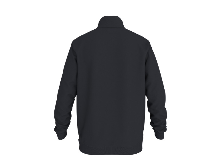 Achterkant van een zwart sweatshirt met rits en opstaande kraag.