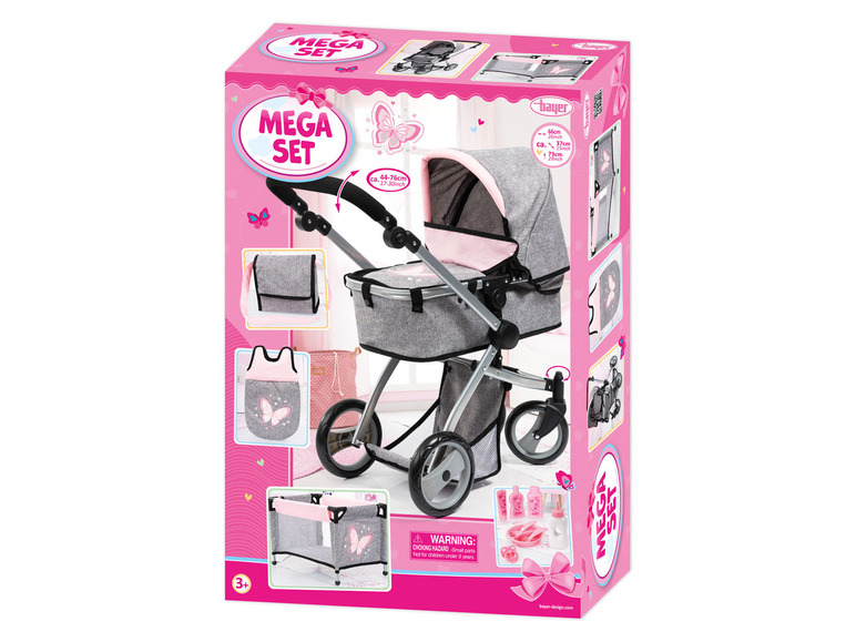 Een Bayer Mega Set met een poppenwagen, babybedje en accessoires.